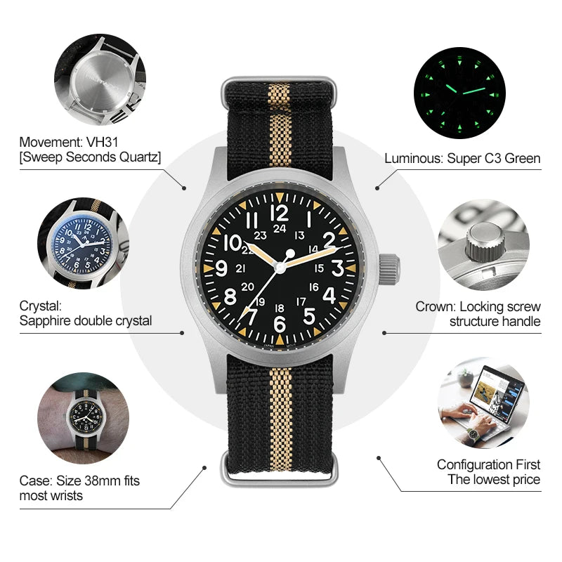 Militado ML05 Field Watch 38mm VH31 Sweep Quartz Movement Sapphire Crystal 100M Water Resistant Screw-Down Crown Men's Watches