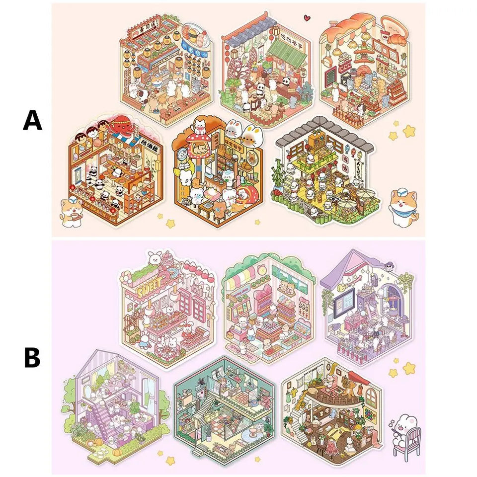Collection of Miniature Scenes 3D Stereoscopic Hut Miniature Scene Stickers Hand Tent Landscape Stickers Children's Puzzle Toys