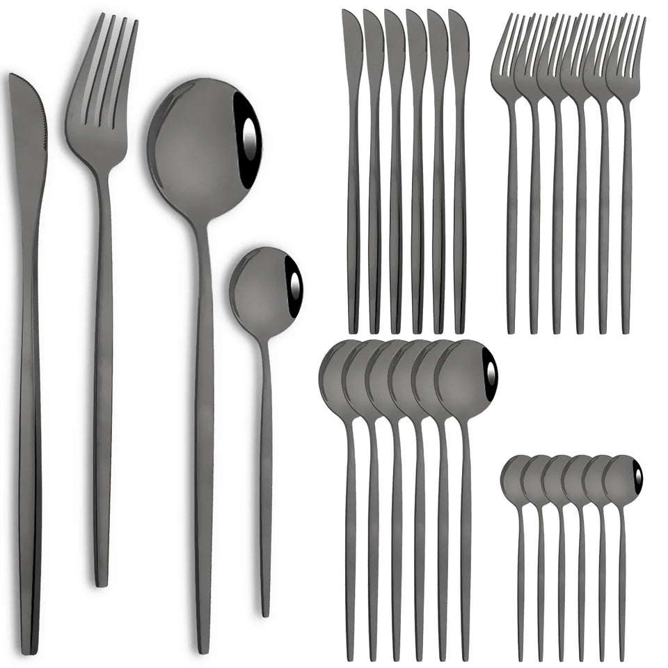 24pcs Stainless Steel Cutlery Set Knife Coffee Spoon Fork Dinnerware Set Mirror Durable Flatware Western Party Kitchen Tableware
