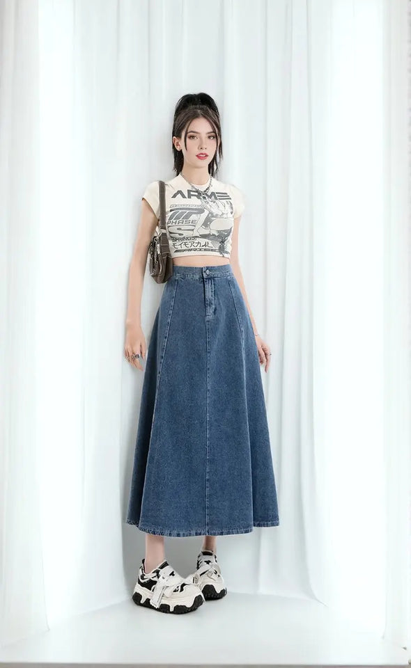 Long Denim Skirt Women 2024 Spring Summer New Arrivals High Elastic Waist A Line Jeans Skirts Korean Fashion Casual Blue Skirts