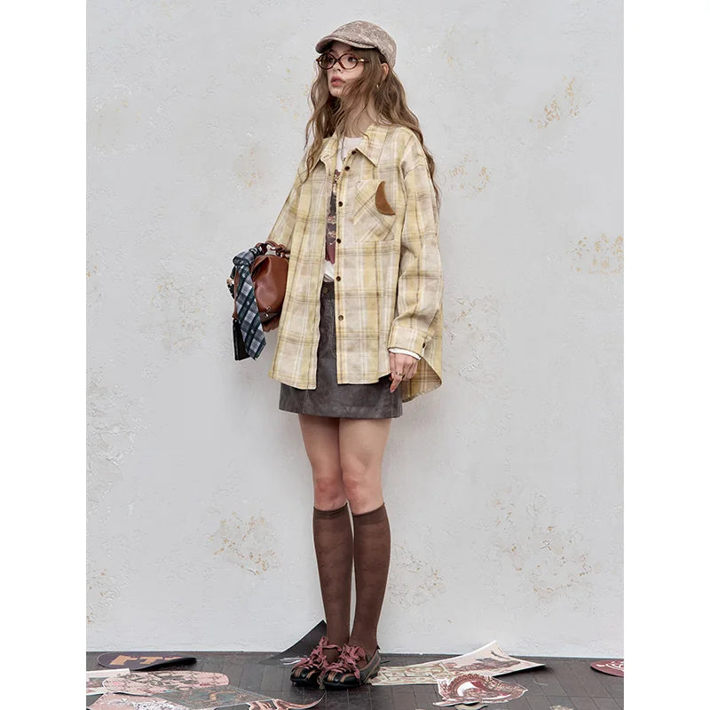 2025 Autumn ELFSACK New Arrivals Casual Color Block Plaid Oversized Long Sleeve Lapel Collar Shirt For Women