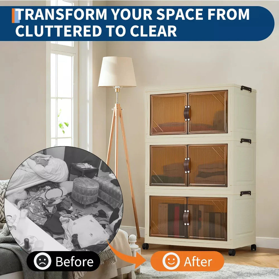3/4/5-Tier Foldable Storage Cabinet with Lids & Wheels, Stackable Plastic Organizer for Closet, Bedroom, Office & Kitchen