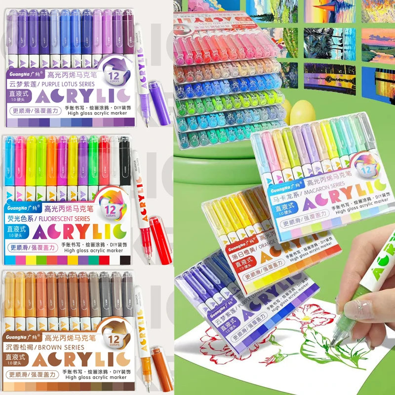GuangNa 12 Colors/box Direct Liquid Hardhead High-gloss Acrylic Marker, for Student Notebook Writing, DIY Painting Graffiti