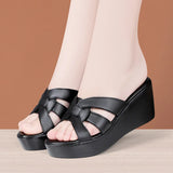High quality summer leather wedge sandals for women 6cm mid heel new 2025 size 32 33 42 43 platform open toe elegant shoe black