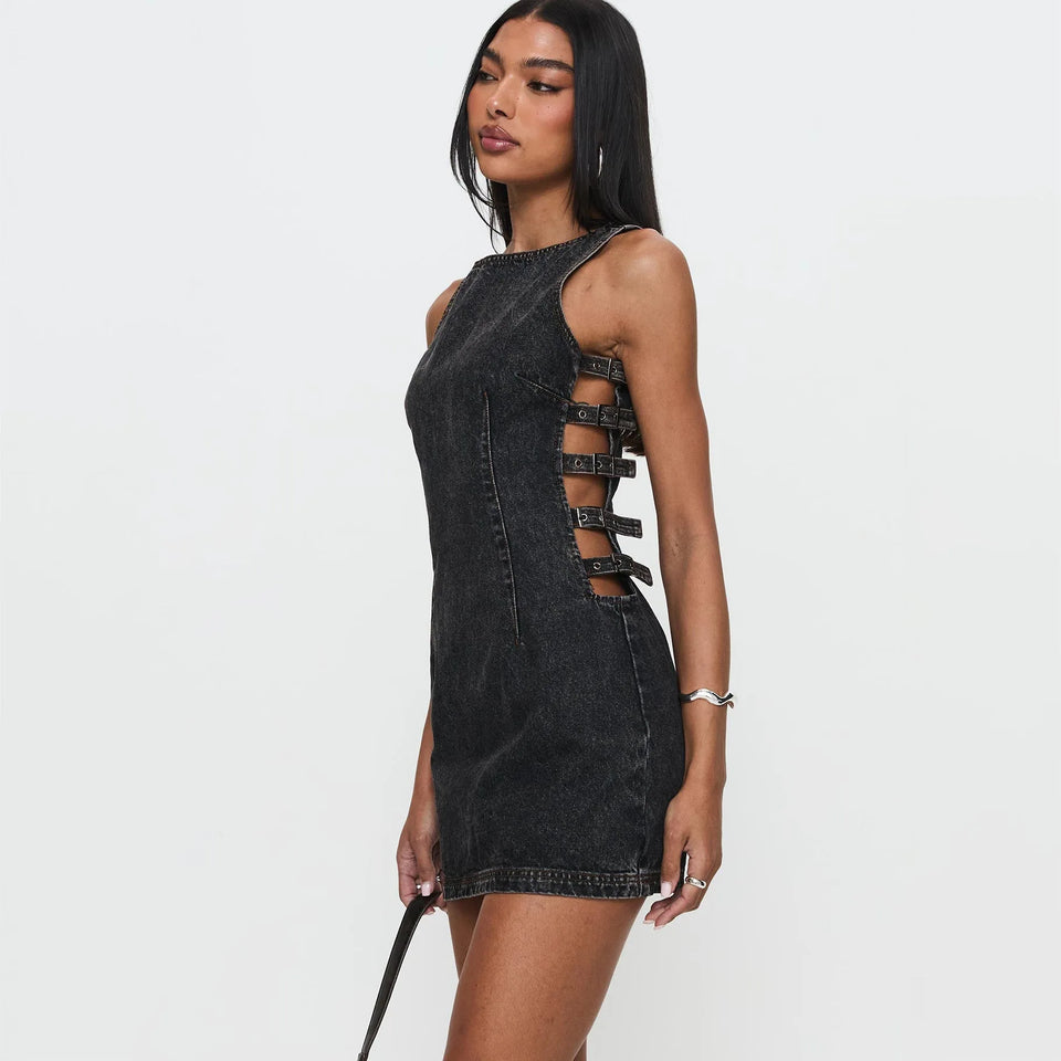 2025 Sexy American Y2K Washed Denim Lace-up Tank Dress Spring New Slim Fit Pencil Mini Skirt Streetwear Chic