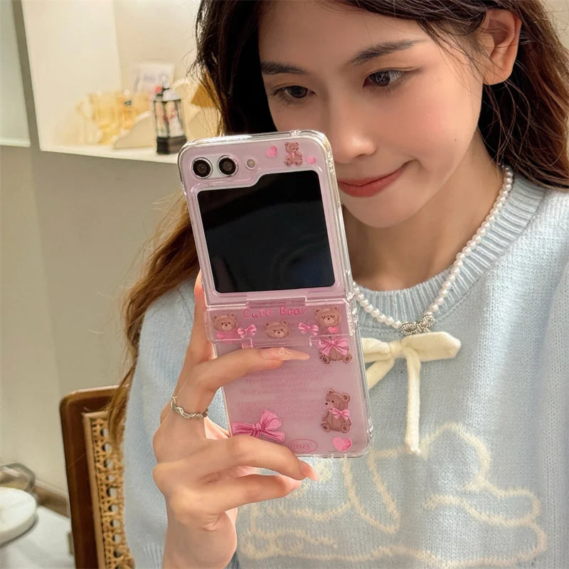Korean Cute Bear Hinge Phone Case For Samsung Galaxy Z Flip 6 5 4 3 Z Flip5 Flip4 5G Cover with Chain Strap Clear Kawaii Funda