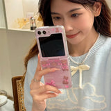 Korean Cute Bear Hinge Phone Case For Samsung Galaxy Z Flip 6 5 4 3 Z Flip5 Flip4 5G Cover with Chain Strap Clear Kawaii Funda