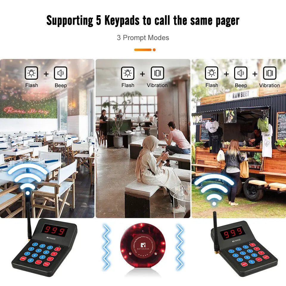 RETEKESS T119 Wireless Restaurant Paging System Coaster Vibrater Buzzer Receiver 2-Way Charge for Cafe Food Trucks
