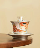 Tea set handmade silver three talents horseshoe covered bowl, Chinese dragon fish respect tea bowl, tea making bowl, tea cup for