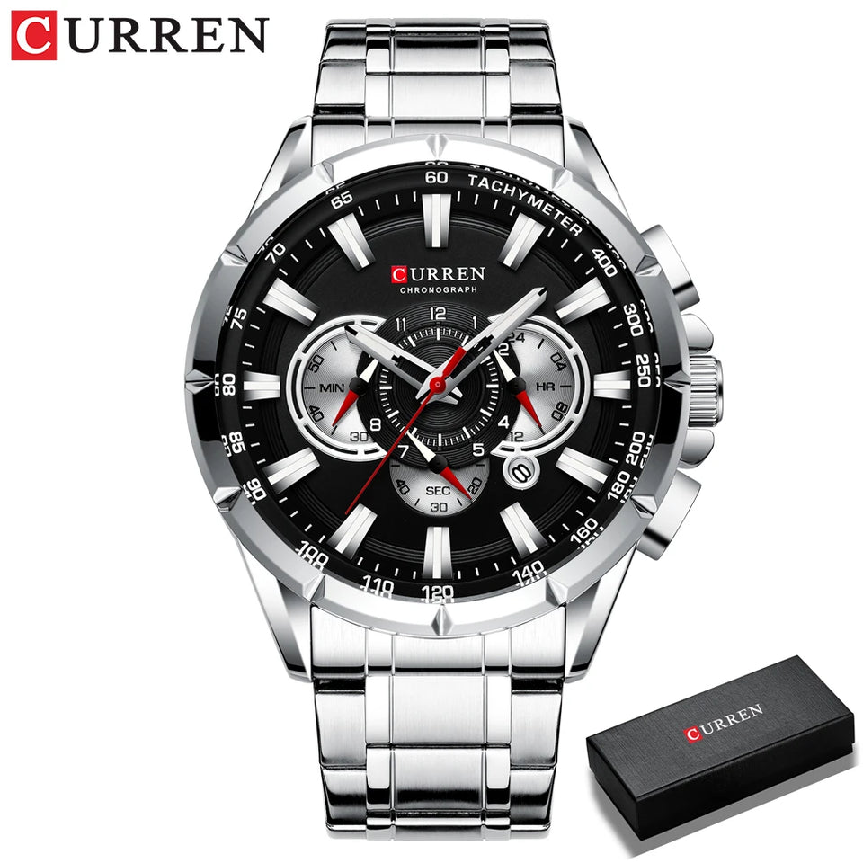 CURREN 8363 Casual Sport Chronograph Men's Watches Stainless Steel Band Wristwatch Big Dial Quartz Clock with Luminous Pointers
