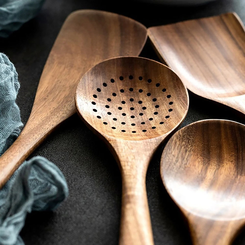 Wood Kitchenware Cooking Set Household Spatula Spoon Set Salad Spoon Fork Stirring Spoon Kitchen Baking Set With storage bucket