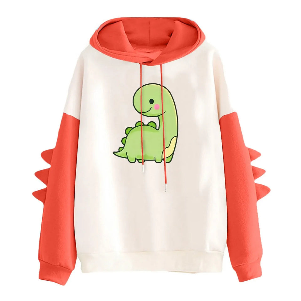 Winter Cute Dinosaur Cartoon Hoodie Women Fashion Sweatshirt Casual Print Long Sleeve Korean Style Splice Tops Kawaii Clothes