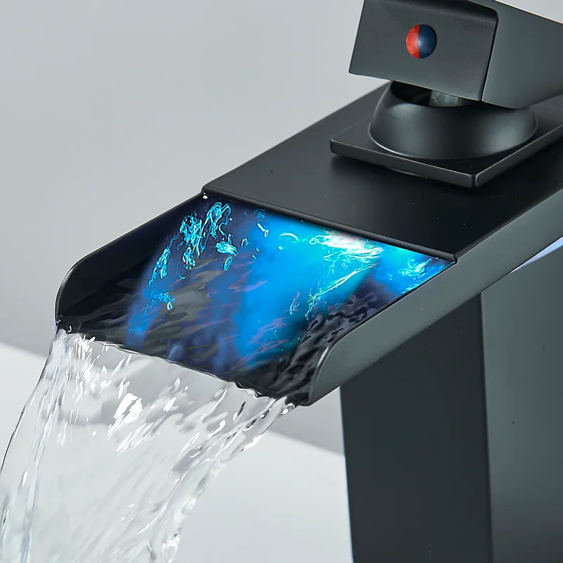 Black LED Bathroom Basin Faucet Temperature Induction Change Color Hot Cold Water Mixer Taps with Battery Box Deck Installation