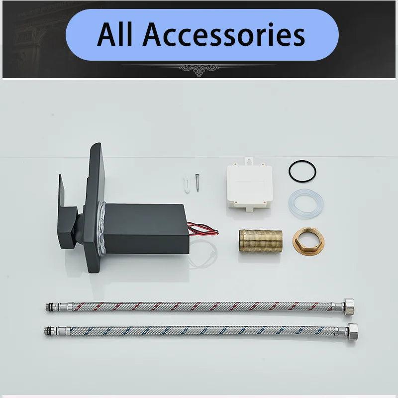Black LED Bathroom Basin Faucet Temperature Induction Change Color Hot Cold Water Mixer Taps with Battery Box Deck Installation