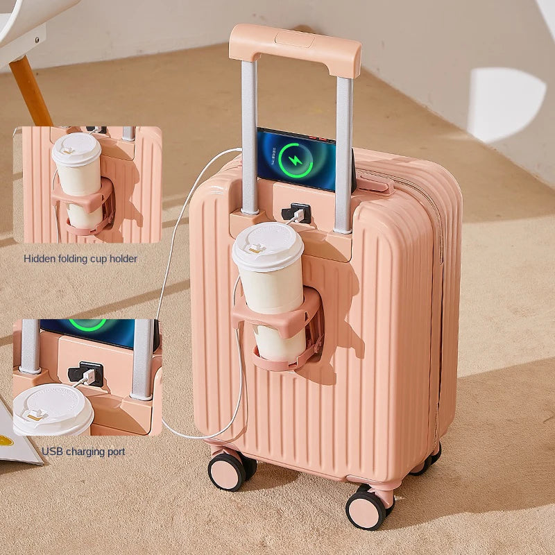 Multifunctional suitcase 18 inch small lightweight luggage with USB cup holder password suitcases 20" cabin carry-on travel bag