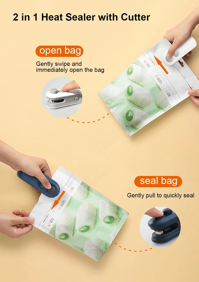 Mini Plastic Bags Sealer Portable Heat Sealing Machine for Snacks 2-in-1 Rechargeable Handheld Food Package Heat Sealer