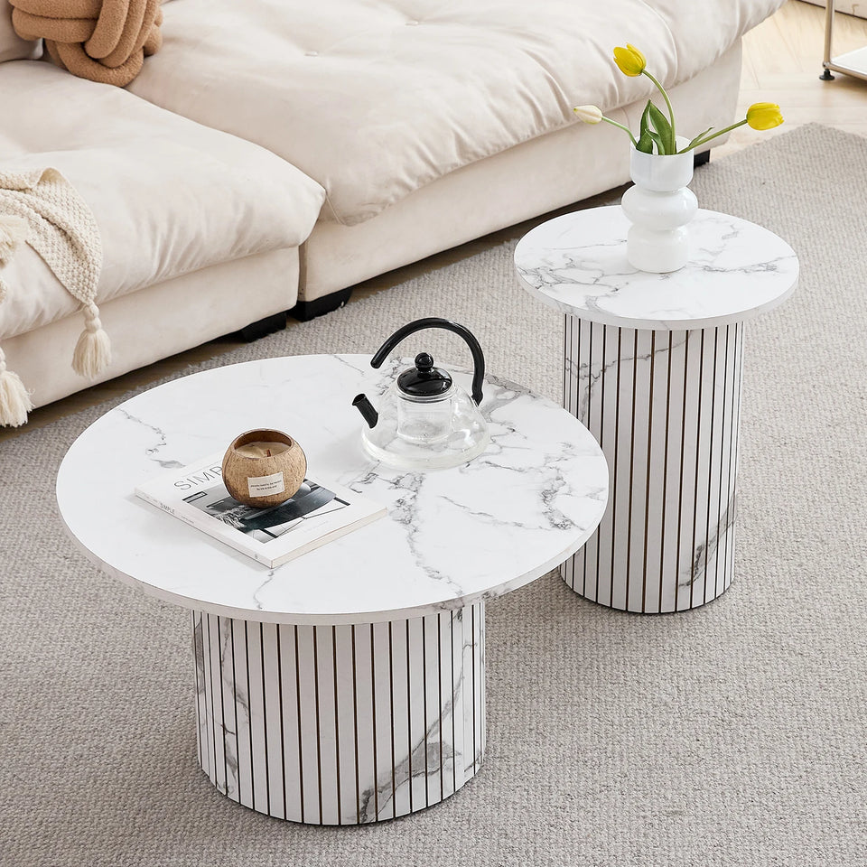Set of 2 Nordic Style Wooden Round Coffee Table Set, Wooden Nesting Coffee Table, for Living Room/Bedroom Furniture