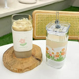 1Pcs Square Heat Resistant Coffee Glass Cup  With Lid and Straw Transparent Milk Tea Juice Cups For Home Bar Drinkware