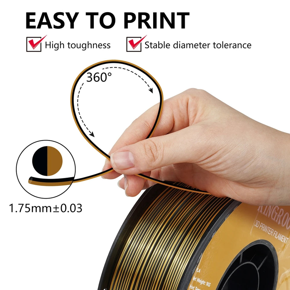 KINGROON Dual-color Silk PLA Filament 1.75mm 2 Color Coextrusion Glossy 3D Printer Filament PLA, 3kg/pack 1kg each spool