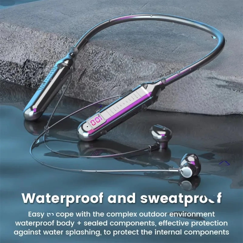VIKEFON Wireless Earphones 5.3 Neckband Headphones Gaming LED Display Stereo Sports Headset Halter Waterproof Magnetic Earbuds