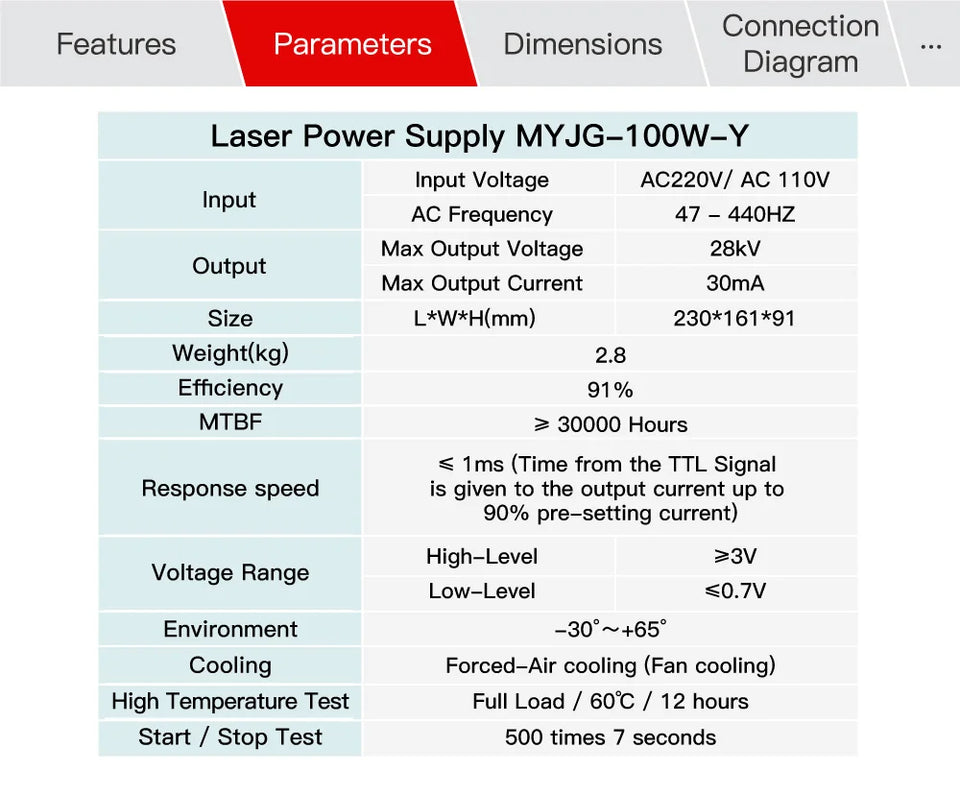 FONLAND MYJG-100W CO2 Laser Power Supply for Reci W2 T2 EFR Yongli CDWJ CO2 Laser Tube Engraving Cutting Machine With Display