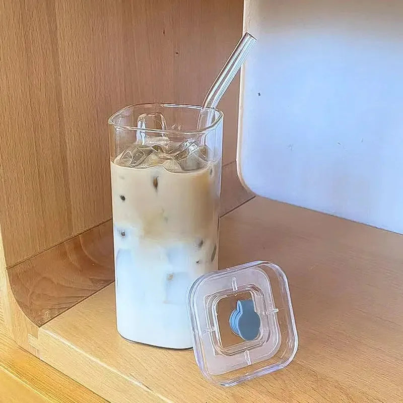 1Pcs Square Heat Resistant Coffee Glass Cup  With Lid and Straw Transparent Milk Tea Juice Cups For Home Bar Drinkware