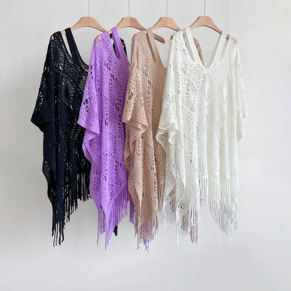New Spring and Summer Fashion Women's Fringed Knitted Shawl Women Hollow out Solid Color Capes Knitted Pullover