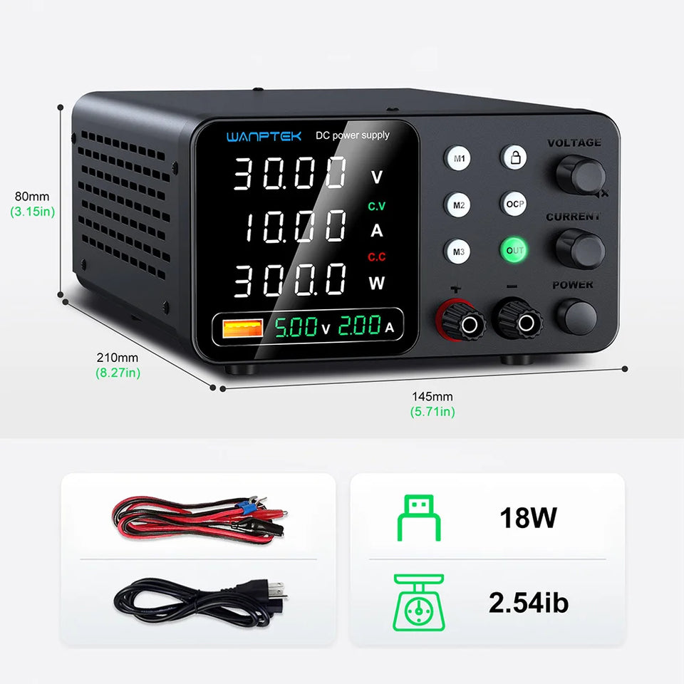 Wanptek Adjustable DC Power Supply 30V 60V 5A 10A Lab Bench Power Supply USB Interface Fast Charging Preset Voltage and Current