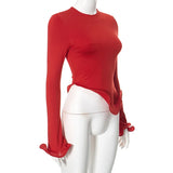 Shestyle Red Asymmetrical Ruffles T-Shirts Women Iron Shape Crew Neck Autumn Glowing Flare Sleeve Crop Tops New Arrivals Tees