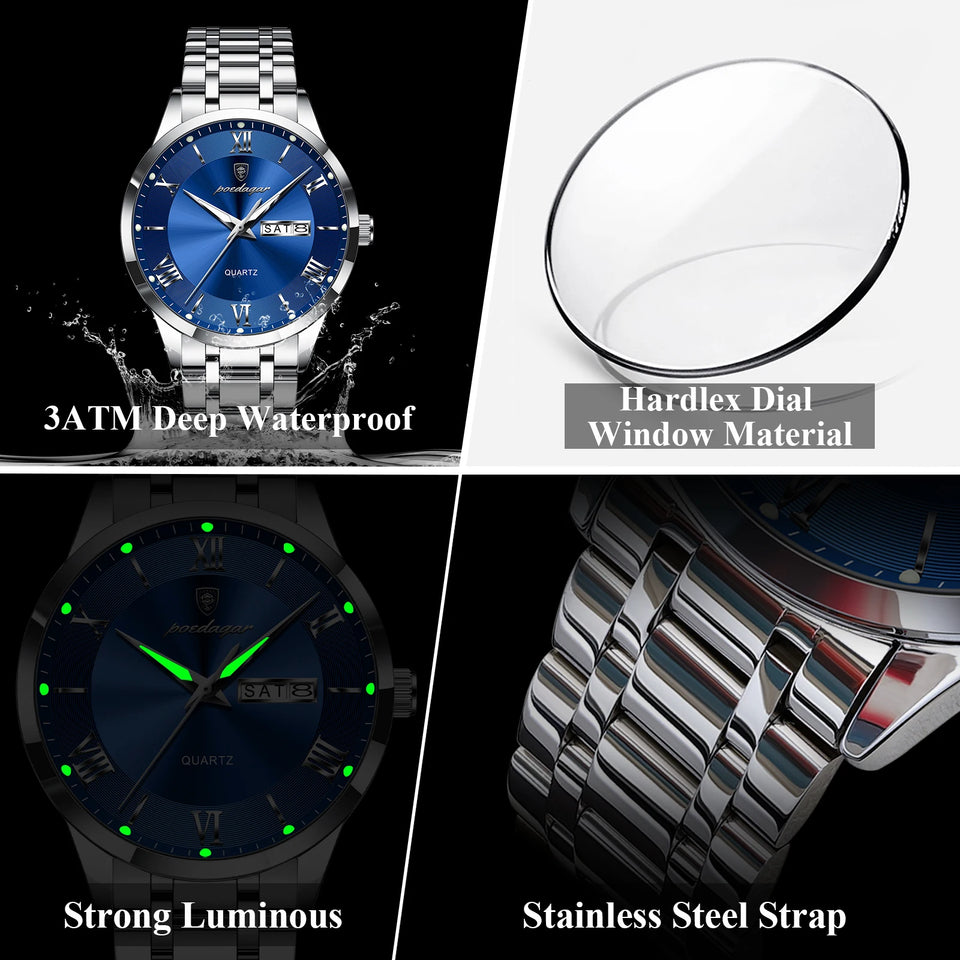 POEDAGAR Luxury Man Clock Waterproof Luminous Week Date Fashion Men's Wristwatch Stainless Steel Business Quartz Watches For Men