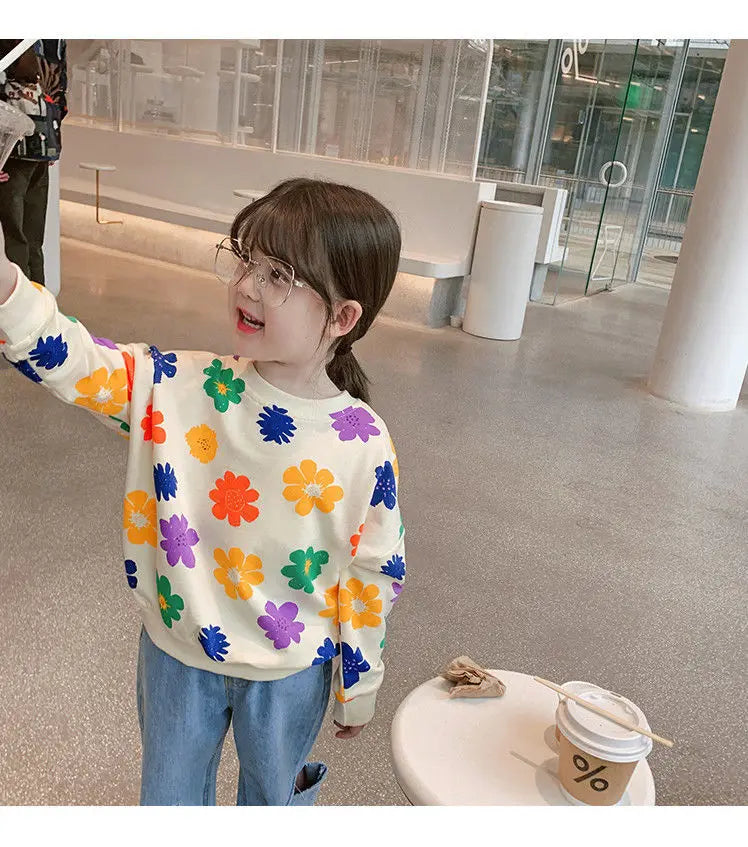 Spring Autumn Baby and Girls Sweet All-Over Flowers Sweatshirt School Kids Outfit Pullover Tops Child Workout Jumper 1-12 Years