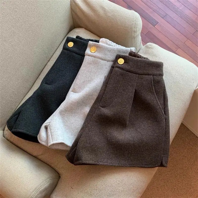 2024 Autumn Winter New Thick Woolen Shorts Korean Loose High Waisted Split Wide Leg Pants Casual Outerwear Boots Pants Women