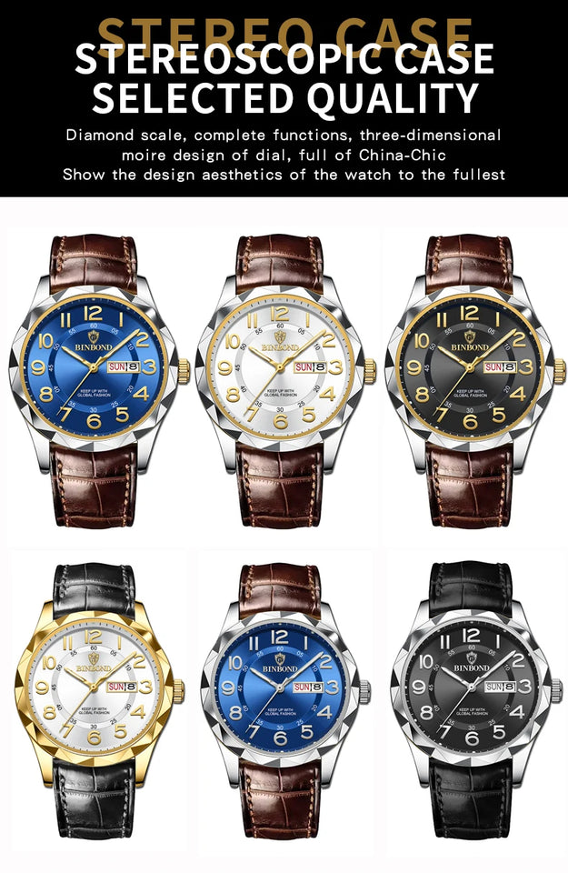 BINBOND New Fashion Mens Casual Sports Watches For Men Retro Big Dial Quartz Watches Classic Leather Business Men Watches B5663
