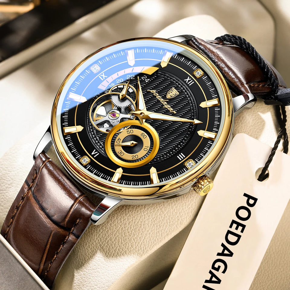 POEDAGAR Fashion Business Men Watch Waterproof Luminous Hollow Tourbillon Male Clock Automatic Mechanical Leather Men's Watches