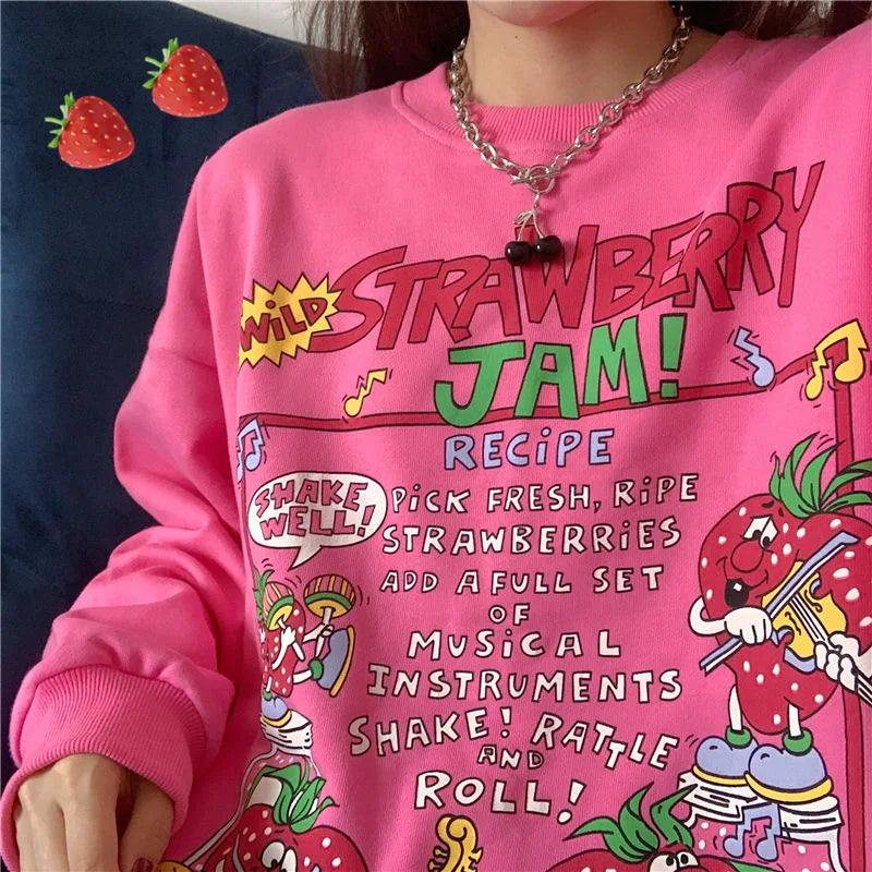 Harajuku Retro Top Strawberry Print Sweatshirt  Women Loose Streetwear Sweatshirts American  Oversized Pullovers