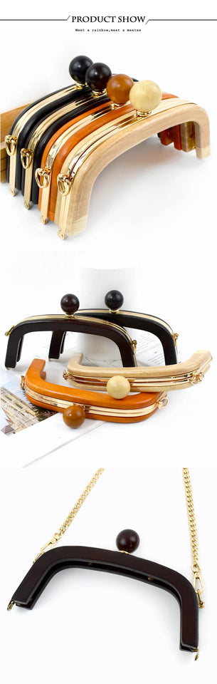 1Pc 20.5cm Wood Purse Frame Wooden Bead Bag Handles Metal Screws Wallet Closure Clip Kiss Clasp DIY Handmade Bags Accessories