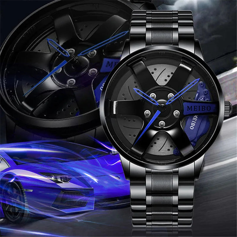 New Top Men Stainless Steel Watches Mens Car Wheel Hub Leather Quartz Watch For Male Military Sport Watch Relogio Masculino Hot