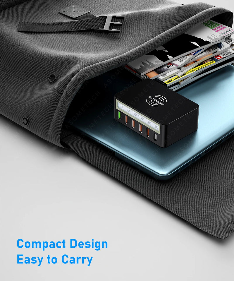 100W USB PD QC Charger Adapter Wireless Charger 6 Ports Fast Charging Station for IPhone 14 13 12 Pro Max IPad, Samsung Huawei