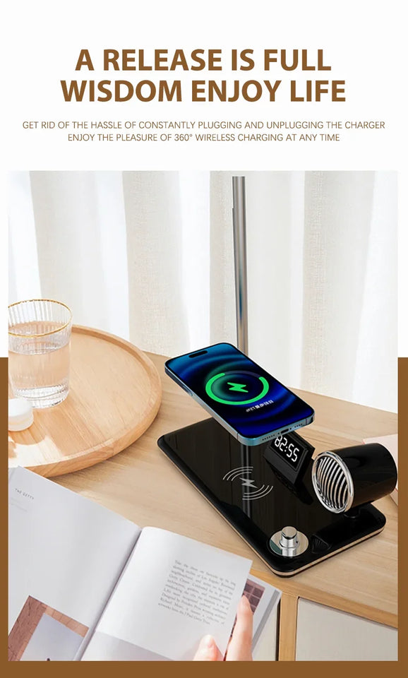 Multifunction LED Desk Lamp Wireless Charger Pad Stand Clock Bluetooth Speaker Night Light USB Port Night Lighting