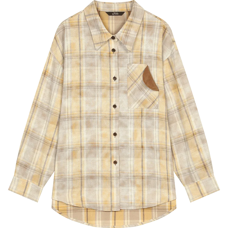 2025 Autumn ELFSACK New Arrivals Casual Color Block Plaid Oversized Long Sleeve Lapel Collar Shirt For Women