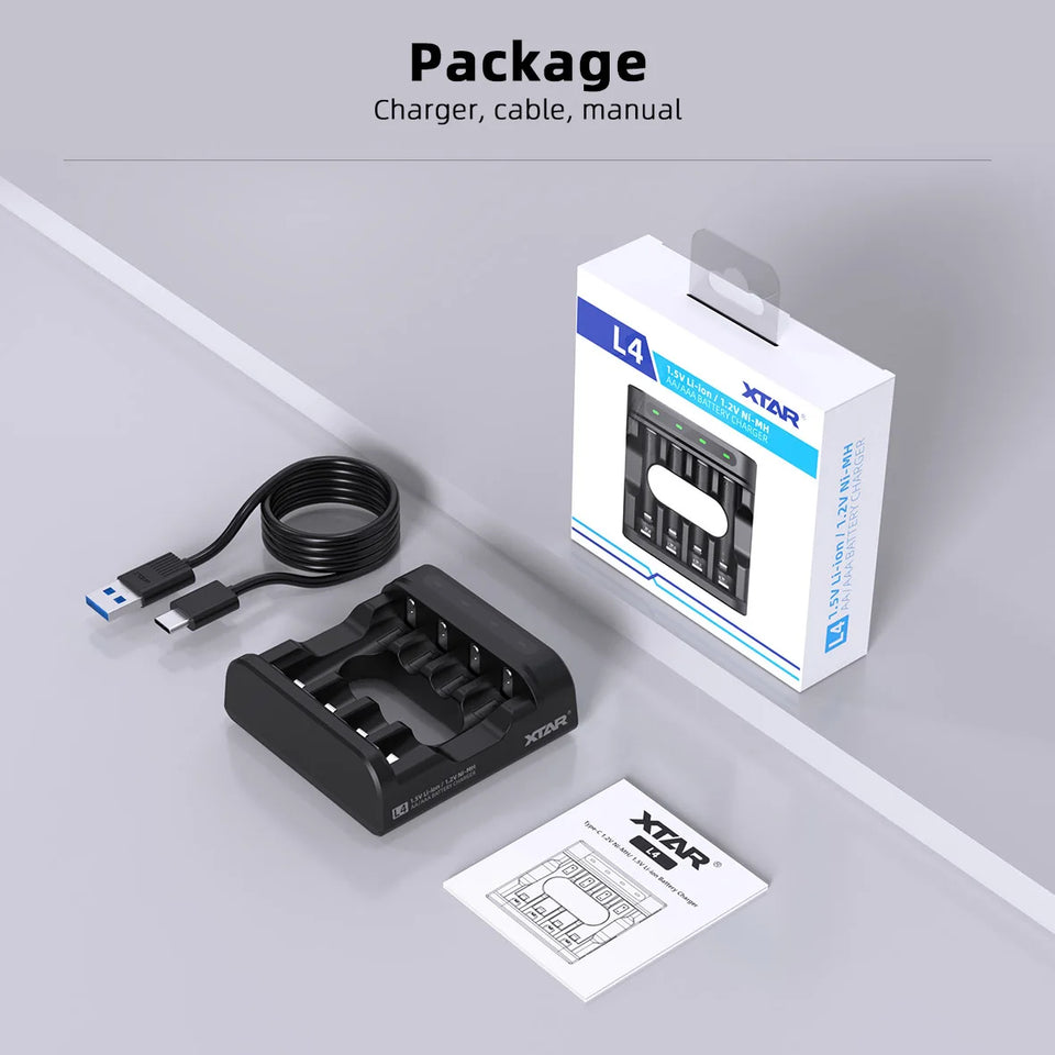 XTAR L4 AAA AA Battery Charger 4 Slots Intelligent LED Indicator USB Charger Charging 1.5V Li-ion / 1.2V lithium NiMH Batteries