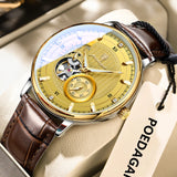 POEDAGAR Fashion Business Men Watch Waterproof Luminous Hollow Tourbillon Male Clock Automatic Mechanical Leather Men's Watches
