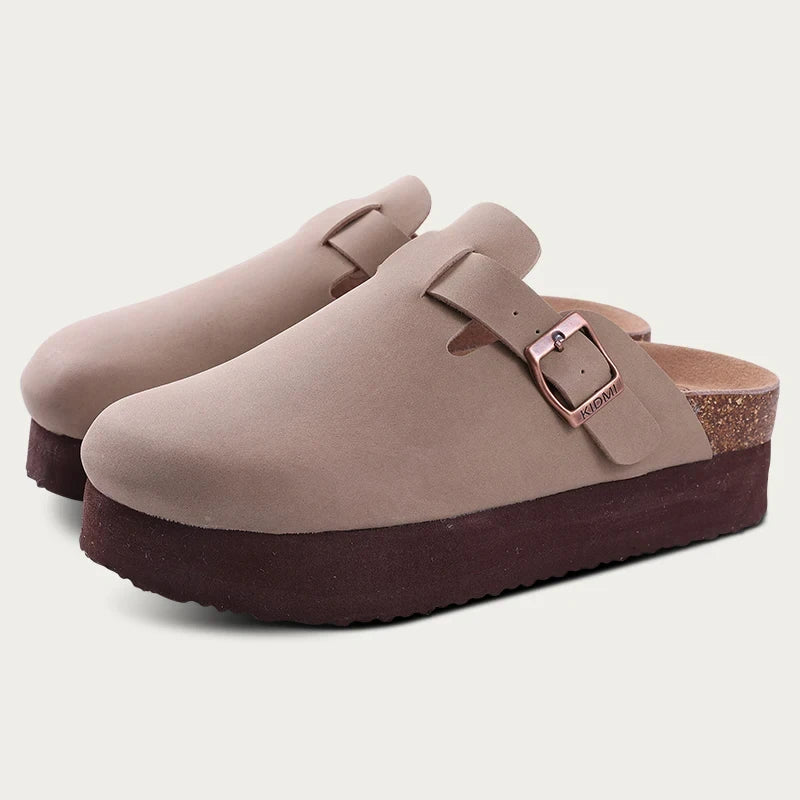 Gacimy Women Fashion Thick Sole Leather Clogs Slippers Classic Women's Mules Cork Clogs Slipper Outdoor Deep Heels Shoes Sandal