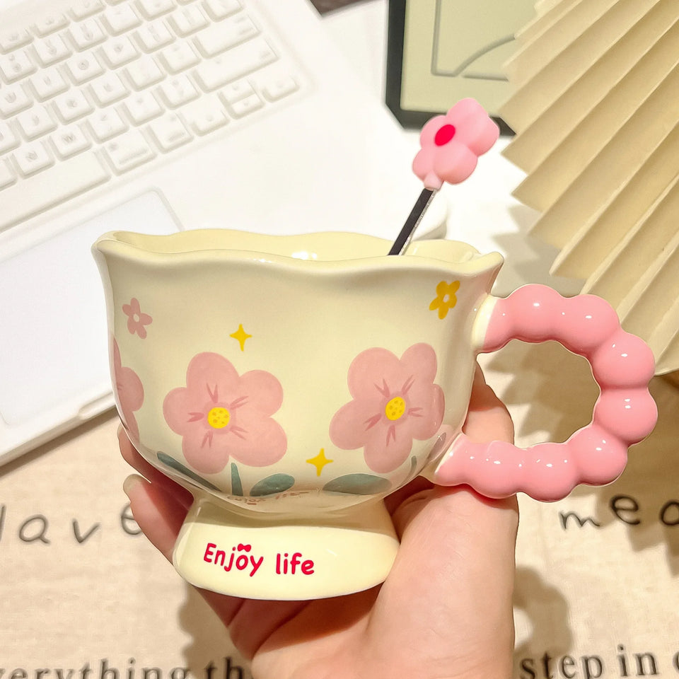 Girls Souvenir Coffee Mug Household Ceramic Cup High Quality Cup Mugs Coffee Miilk Cups Water Cup Birthday Gift Creative Flower