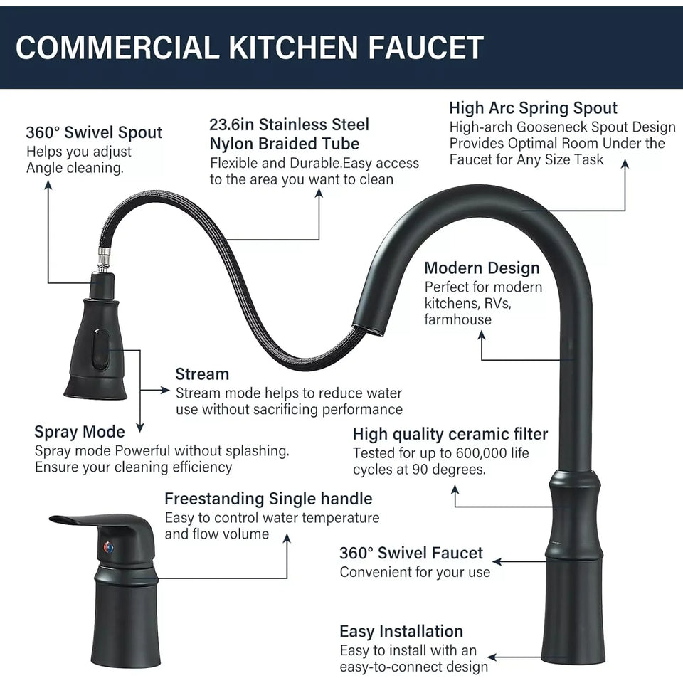 Matte Black Kitchen Sink Faucet with Pull Down Sprayer 1 Handle 2 Hole Mixer Tap Hot and Cold Taps