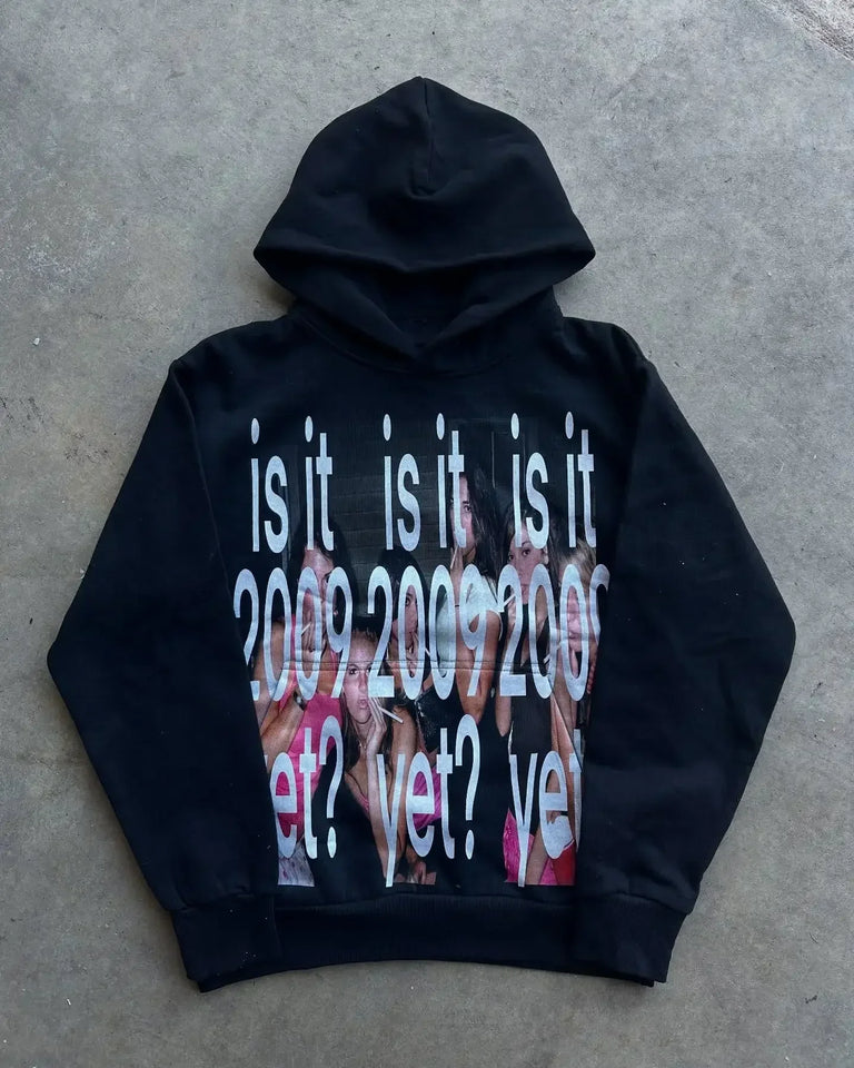 Mens Black Hooded Sweatshirt Green Head Character Graphic Red Text Print American Style Unique Creative Loose Fit Trendy Casual