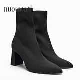 2025 Autumn Winter Knitted Stretch Fabric Socks Boots Women Low Heel Short Boots Pointed Toe Female Ankle Booties Size 42