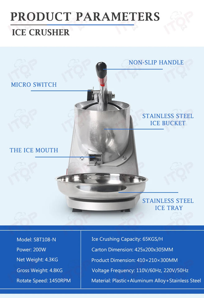 ITOP Ice Crusher Small Commercial Ice Shaver Stainless Steel Shaved Ice Machine Snow Cone Maker