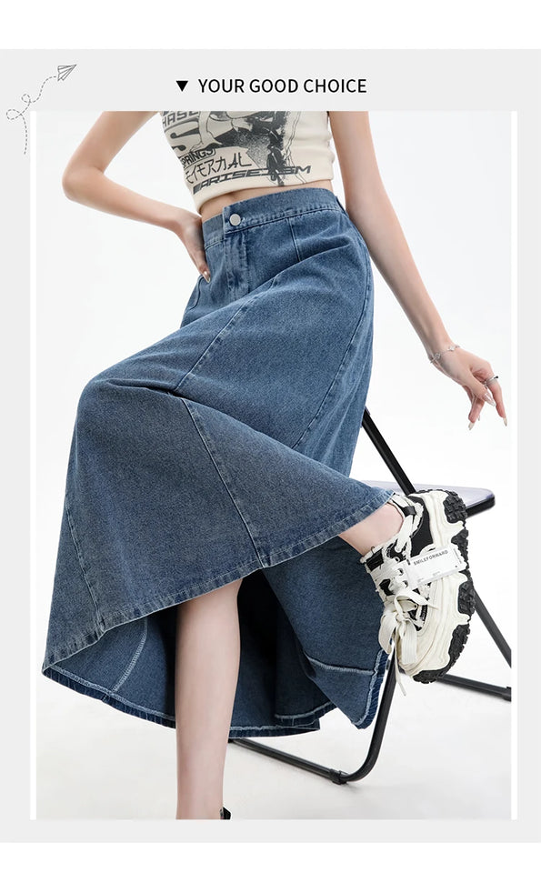 Long Denim Skirt Women 2024 Spring Summer New Arrivals High Elastic Waist A Line Jeans Skirts Korean Fashion Casual Blue Skirts