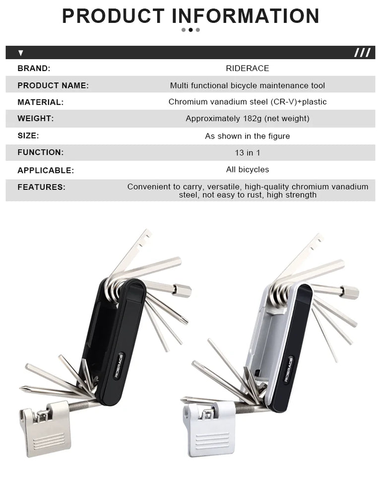13 In 1 Bicycle Multi Tools Chain Splitter Cutter Hex Spoke Wrench Screwdriver Tyre Lever Tool Kit Portable Bike Repair Tools